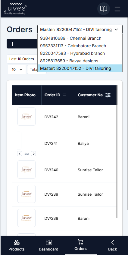 Juvee tailor app &mdash; multi-branch owner dashboard with branch selector
