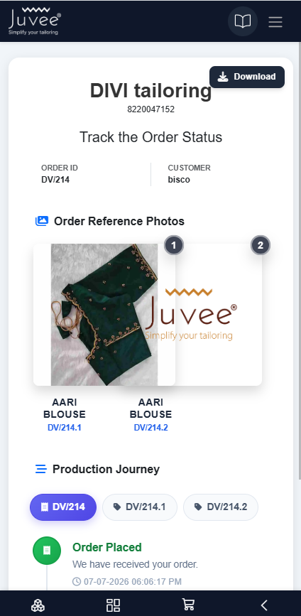 Juvee tailor app &mdash; live order and production tracking with cutting and sewing stages