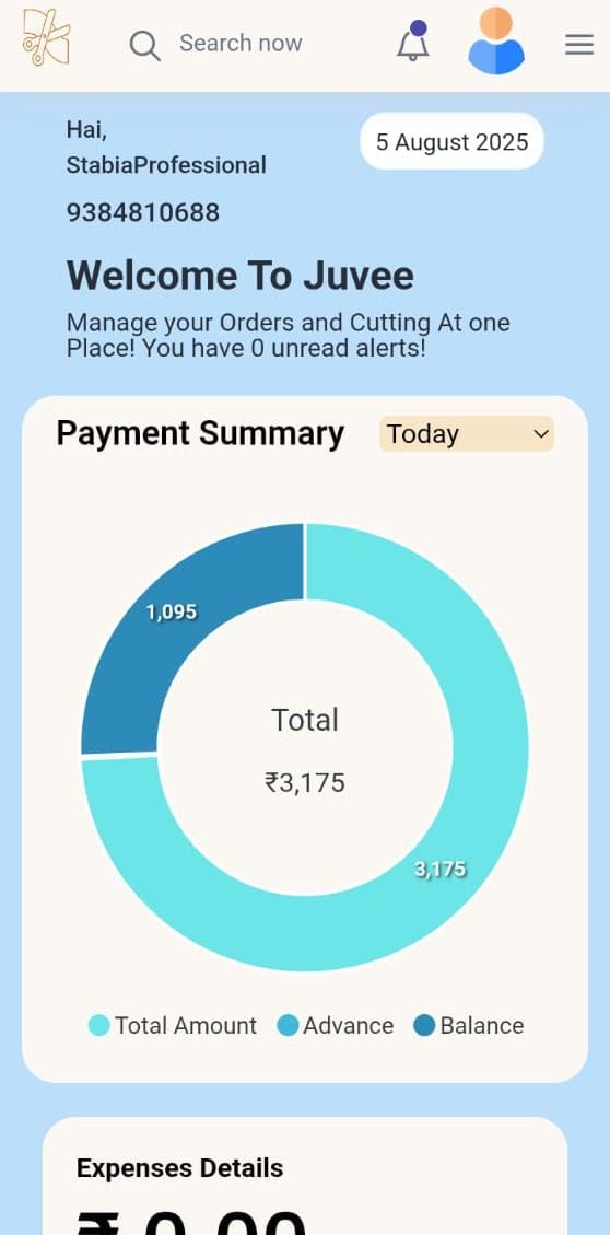 Juvee tailor app — owner dashboard with payment summary