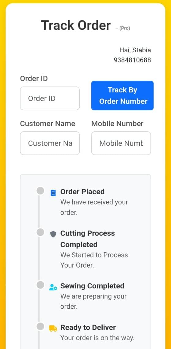 Juvee tailor app — live order and production tracking with cutting and sewing stages