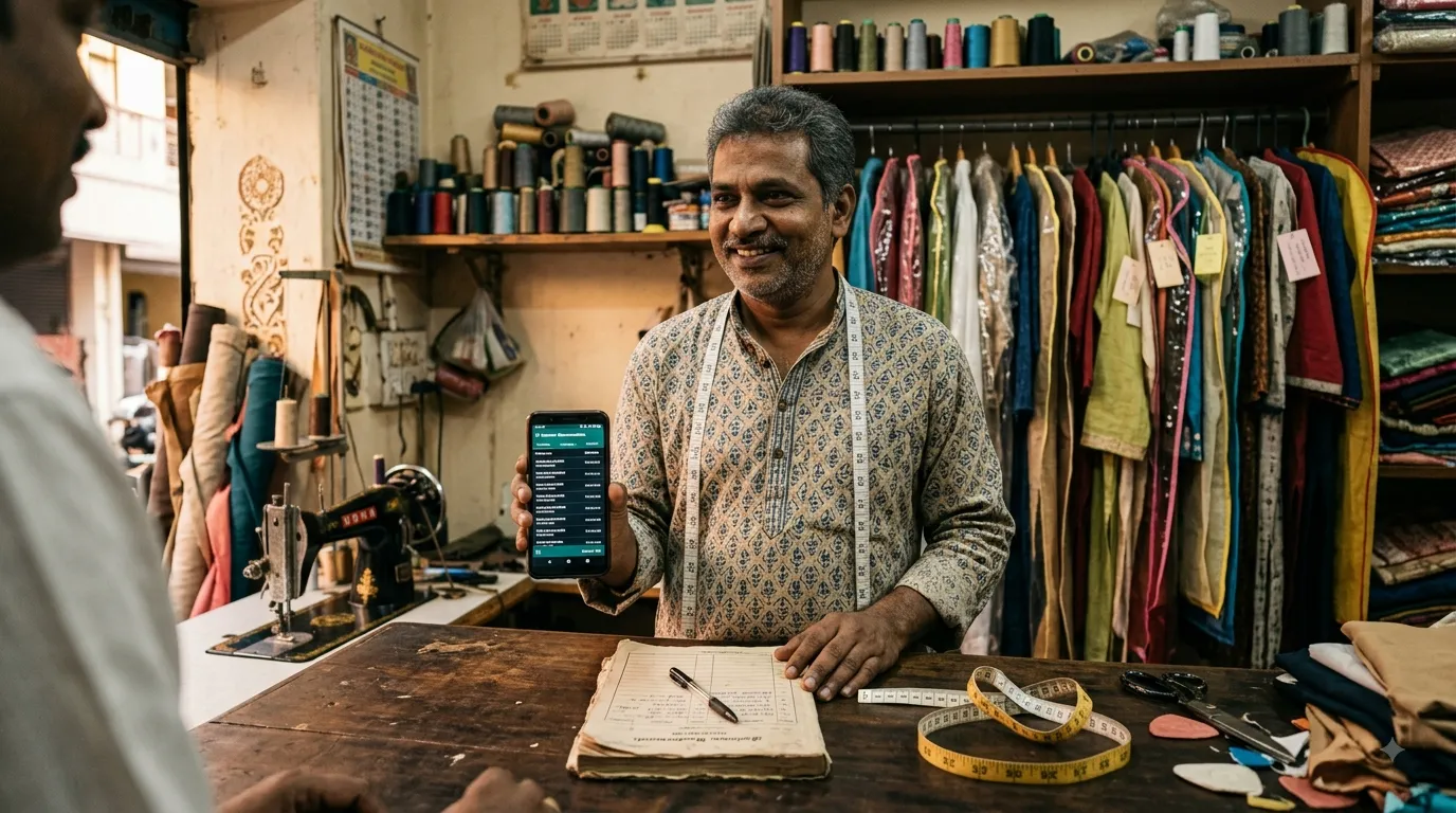 Tailor at his shop counter holding a phone showing customer measurements, with the old paper measurement register open beside him