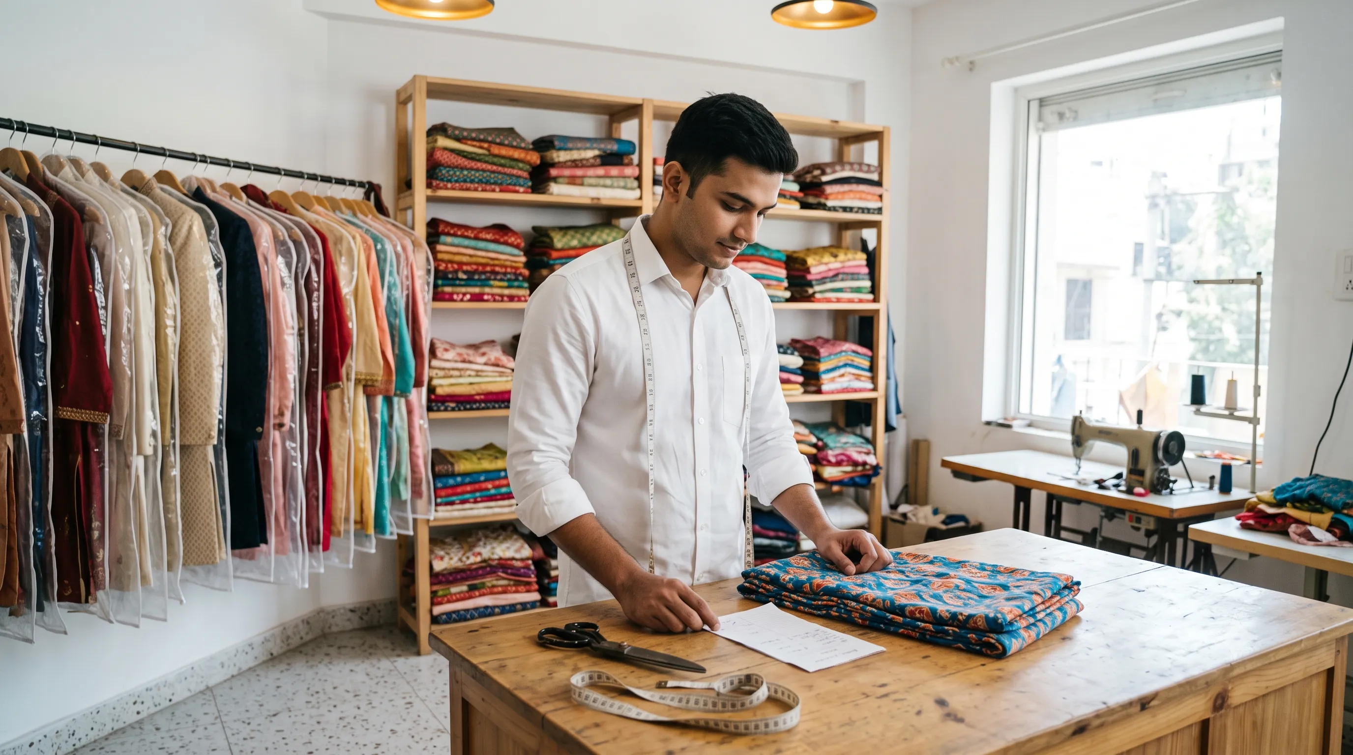 A young tailor in a bright Indian boutique looking over a folded length of printed fabric and a paper order slip on his counter