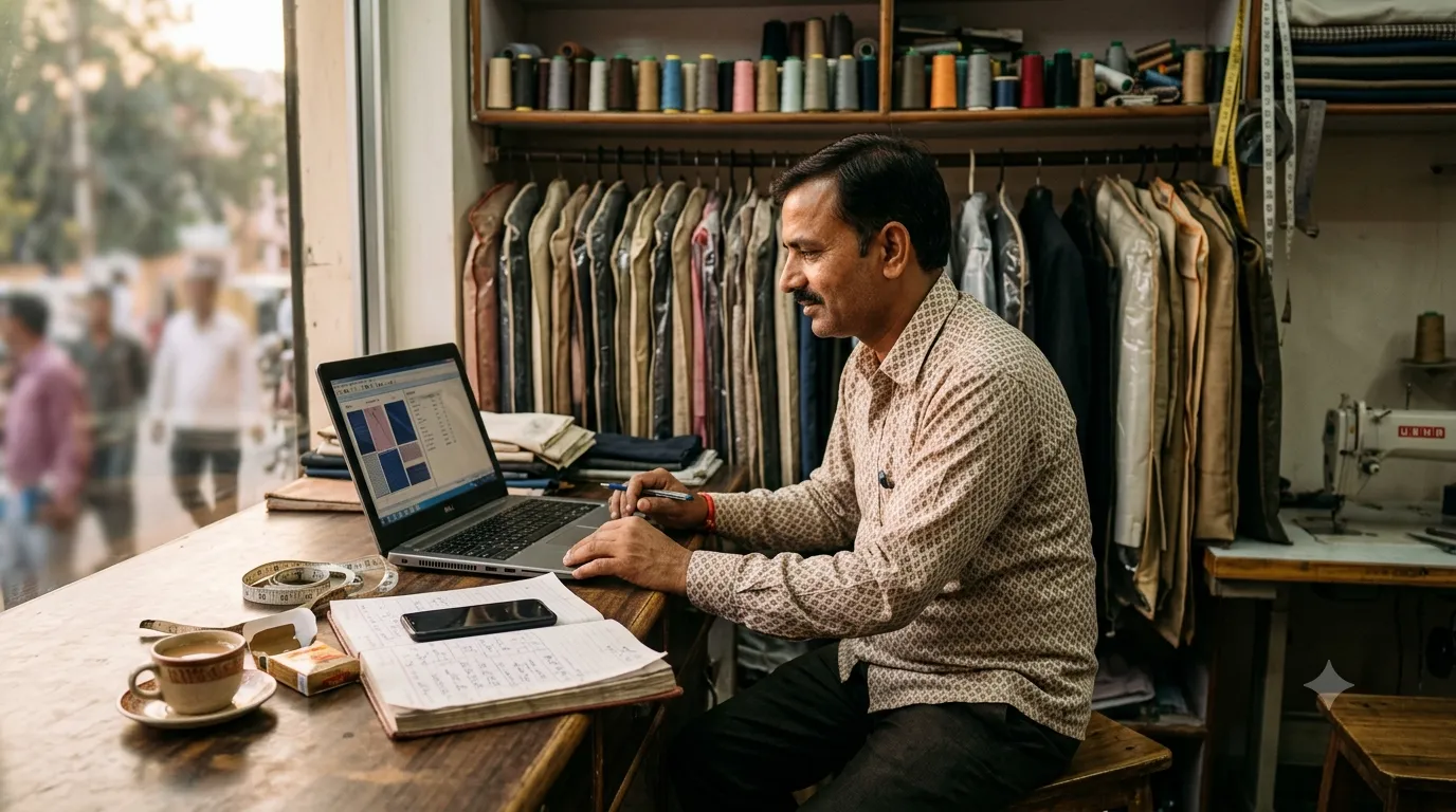 A tailor at his shop counter looking at software on a laptop, with his handwritten order book, phone, measuring tape and a cup of tea beside him