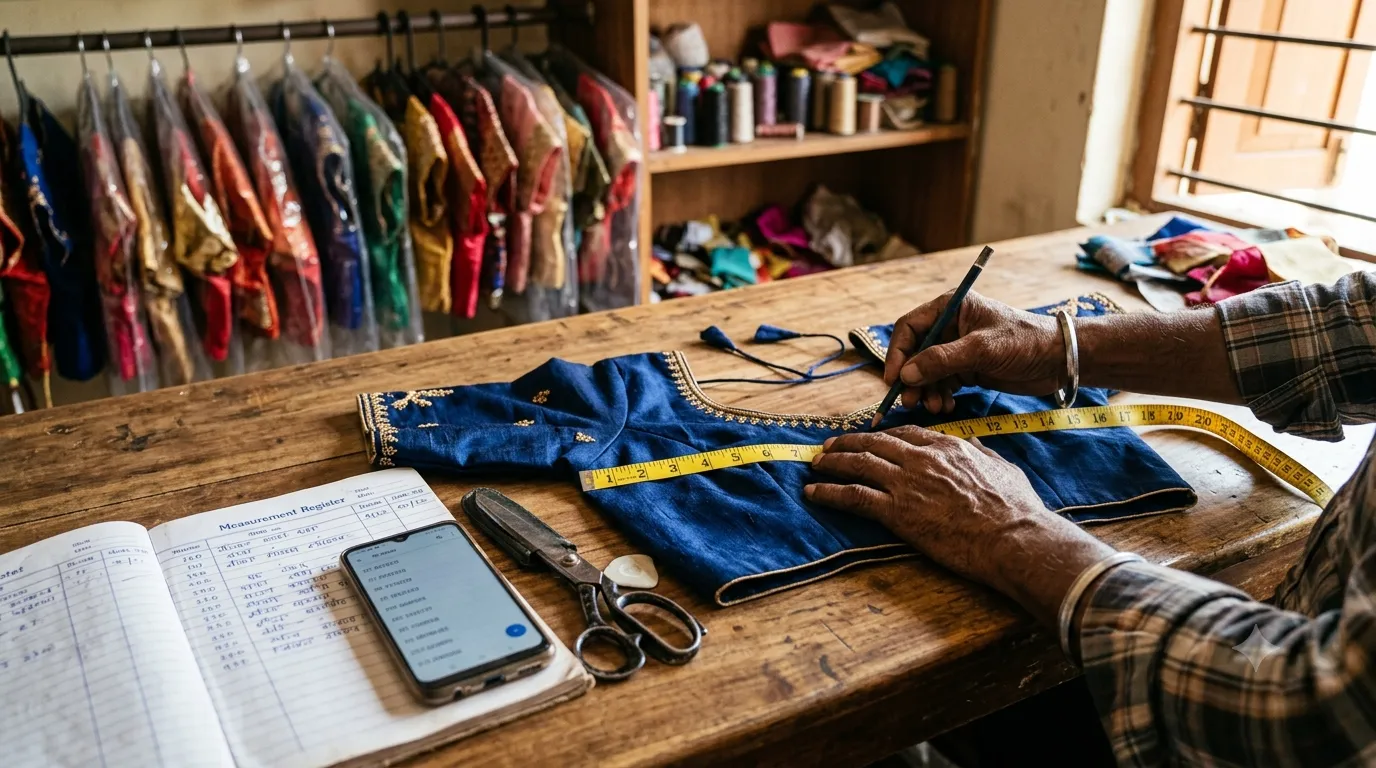 A tailor measuring a finished blue saree blouse laid flat on a wooden counter with a yellow cloth tape, an open measurement register and a phone beside it