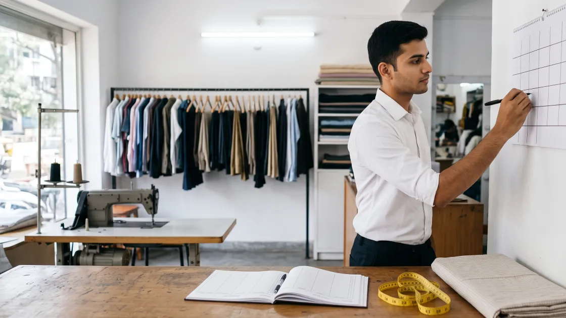 A young tailoring shop owner in his twenties standing at his cutting table marking dates on a large paper wall calendar with a pen, an open order book on the table beside him, in a clean well-lit shop.