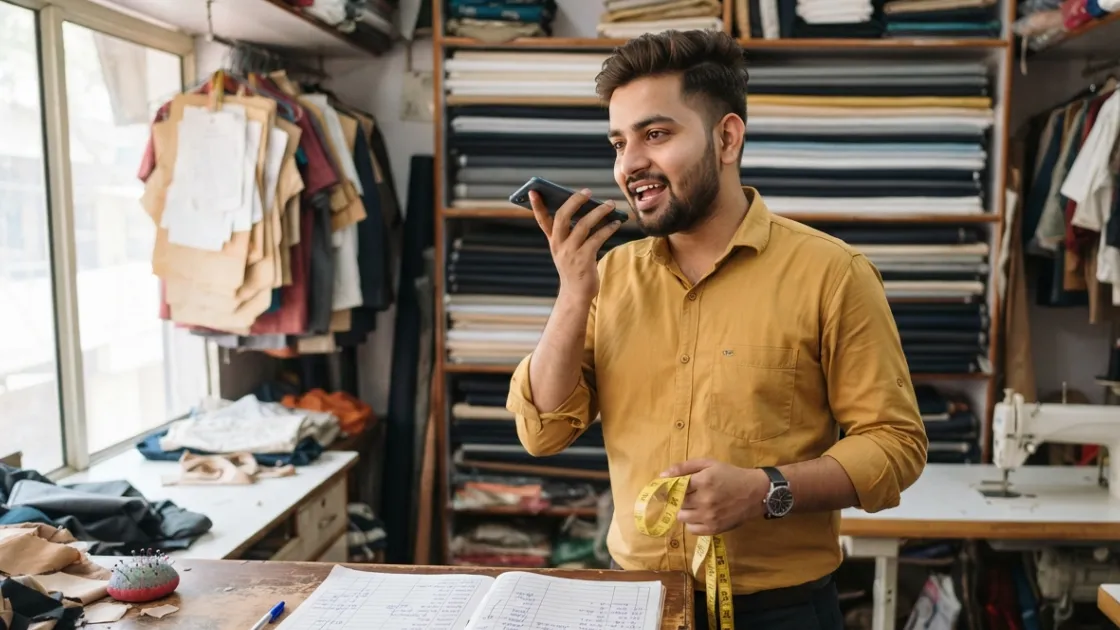 A young tailor in his late twenties holding his phone near his face and speaking a measurement into it, with a measuring tape around his neck and an open order book on the counter.