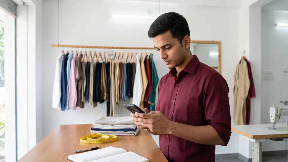 A young tailoring shop owner standing at his counter looking closely at his phone, with an open notebook, a measuring tape and folded cloth beside him