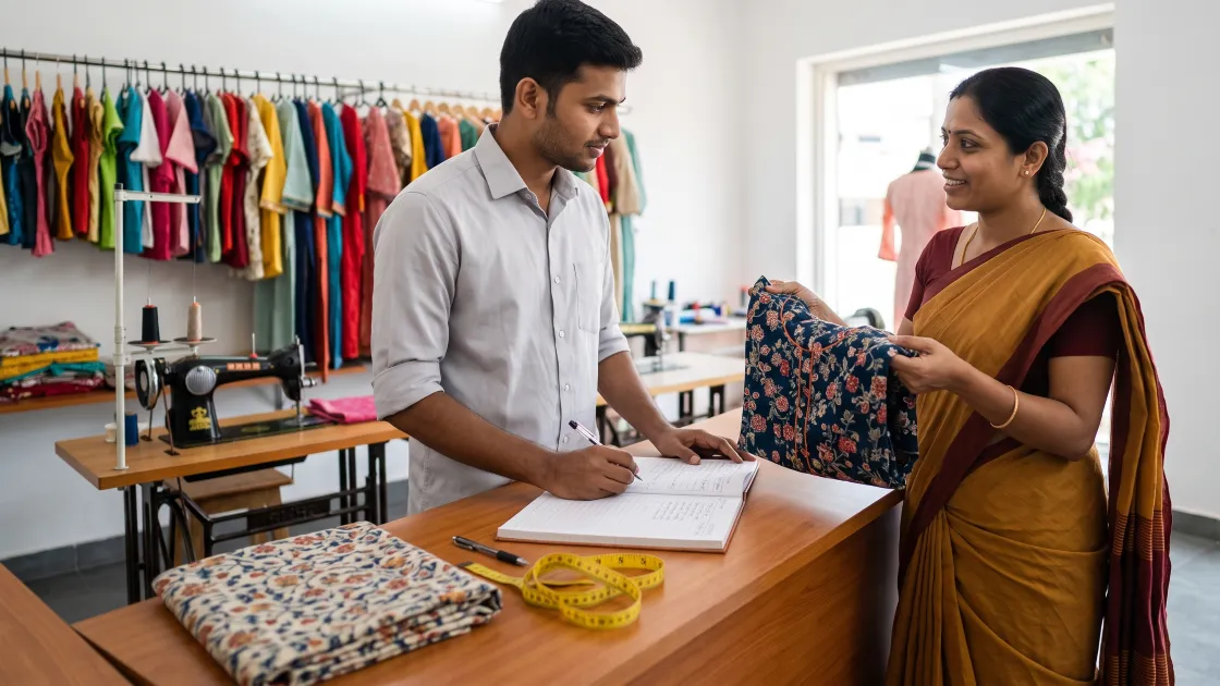 A young tailor writing an order in his book at the counter while a woman customer holds up a kurti for him to look at