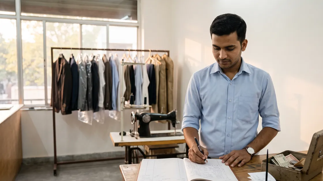 A young tailoring shop owner writing in a large open account book at the end of the day, with an open cash box and a receipt spike on the counter beside him
