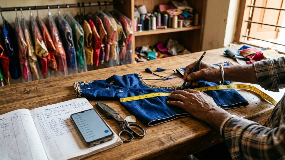 A tailor measuring a finished blue saree blouse laid flat on a wooden counter with a yellow cloth tape, an open measurement register and a phone showing the same measurements beside it.