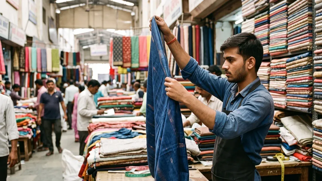 A young tailoring shop owner in his twenties checking a roll of fabric against the light at a wholesale cloth market counter, with stacked bolts of cloth behind him