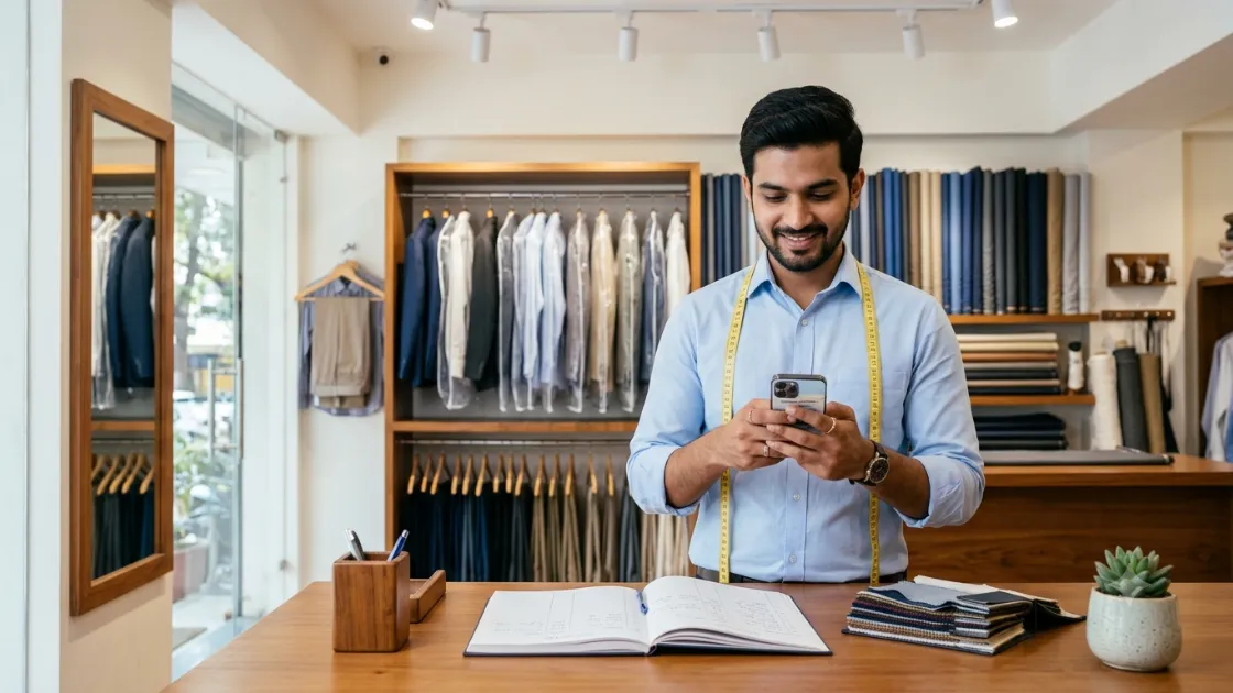 A young tailor in his late twenties standing at his shop counter looking at a tailoring app on his phone, with an order book, a measuring tape and rolls of cloth on the counter beside him.