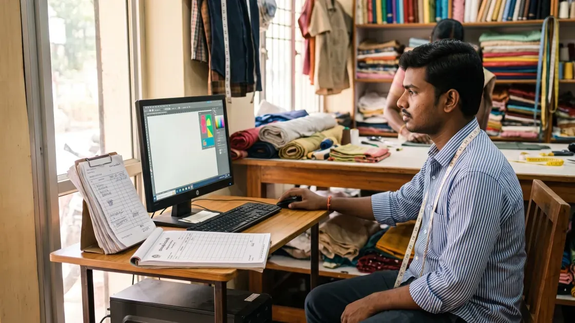 A young tailoring shop owner in his twenties working at a desktop computer in his shop, with an order book and clipboard of slips beside the keyboard