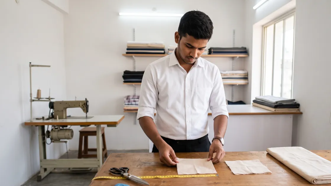 A young tailoring shop owner in his twenties holding up a small square of washed cotton against a measuring tape pinned to his cutting table, checking it against a second unwashed square beside it, in a clean well-lit shop.
