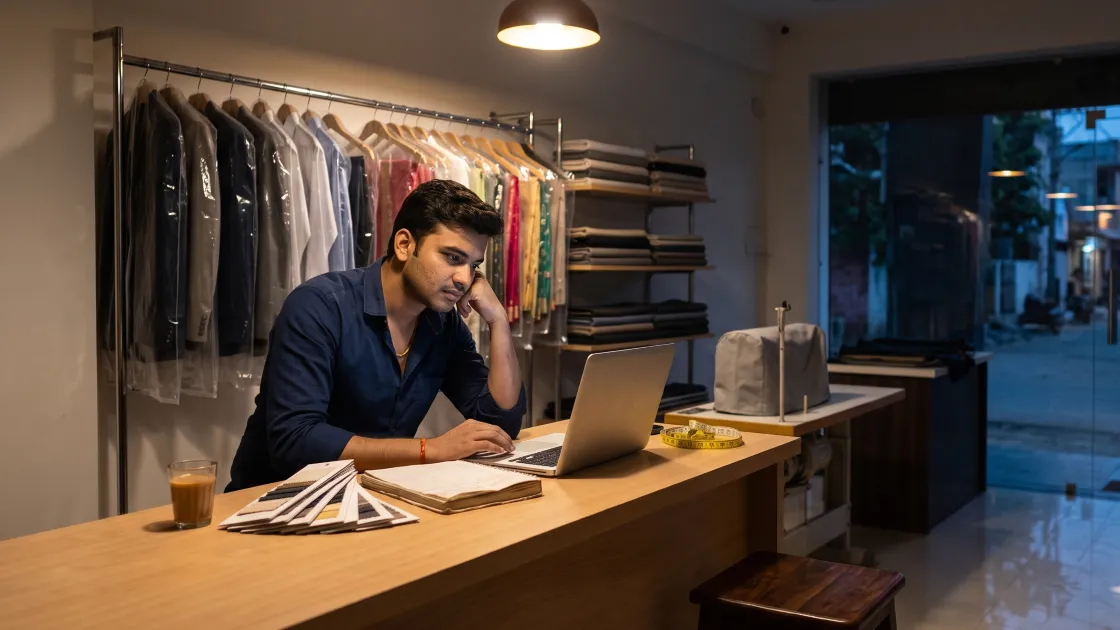 A young tailoring shop owner in his twenties sitting alone at his shop counter in the evening, studying a laptop with an order register, fabric swatch cards and a glass of tea beside him, the shop closed and the street dark outside.