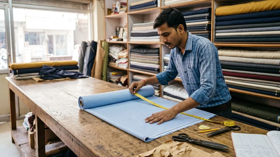A young tailor in his twenties unrolling a bolt of striped shirting across a long wooden cutting table and measuring off a length with a yellow tape, with shelves of folded fabric behind him