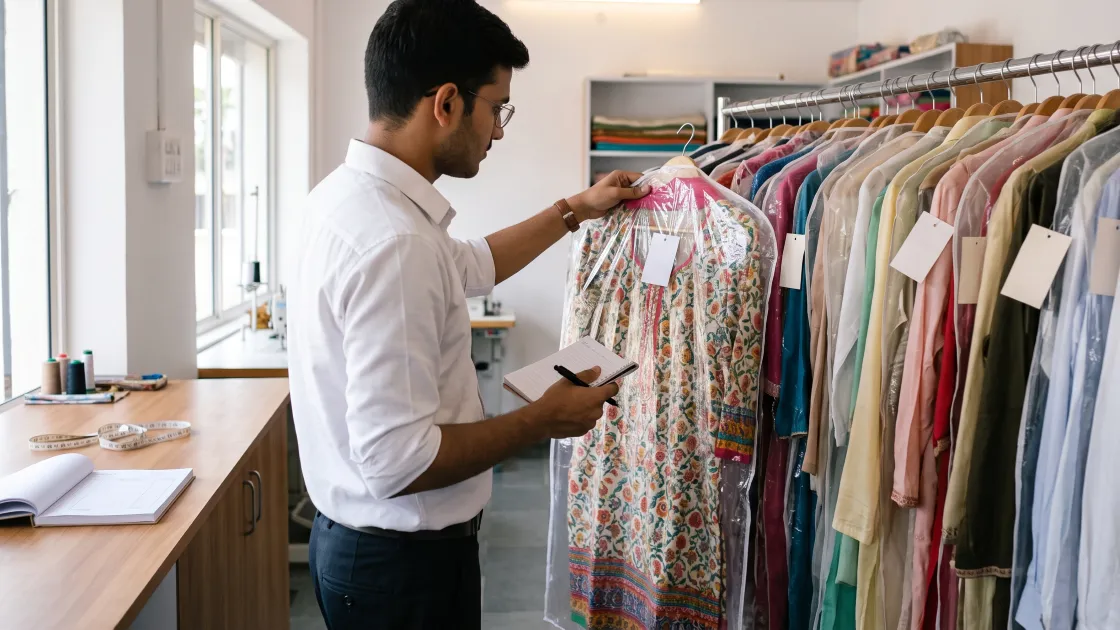 A young tailoring shop owner in his twenties standing beside a crowded rack of finished garments in covers, holding one and reading the tag on it, with a notebook and pen in his other hand, in a clean well-lit shop.