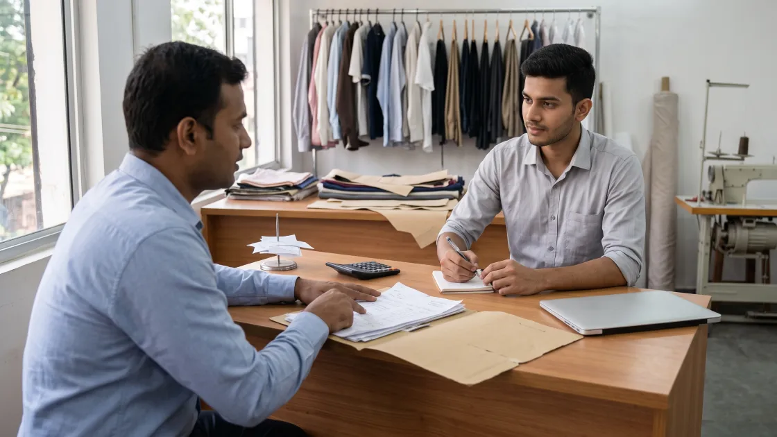 A young tailoring shop owner in his twenties sitting at his shop counter with a folder of bills open in front of him and a laptop to one side, listening while a second person points at a document, in a clean well-lit shop.