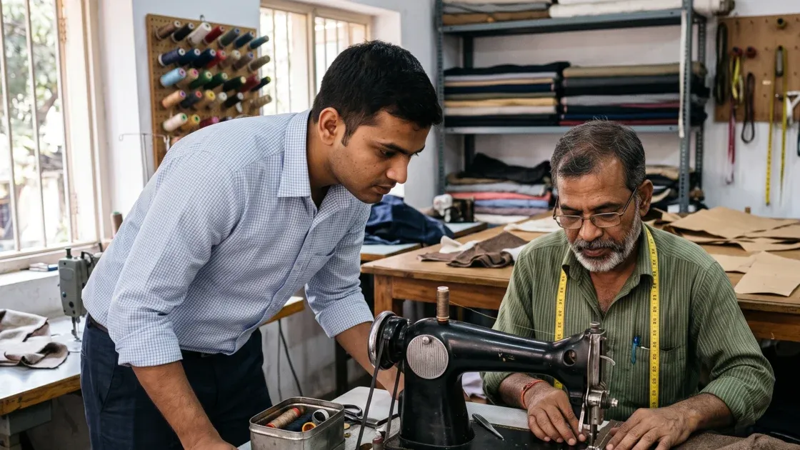 A young tailoring shop owner in his twenties watching a karigar stitch a test piece at a machine in his shop, both looking at the seam