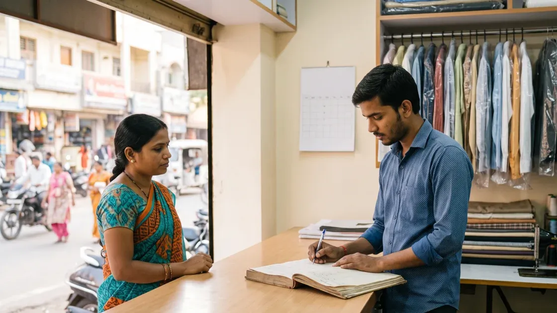 A young tailor in his twenties at the shop counter writing a delivery date on an order book while a customer waits, a wall calendar visible behind him