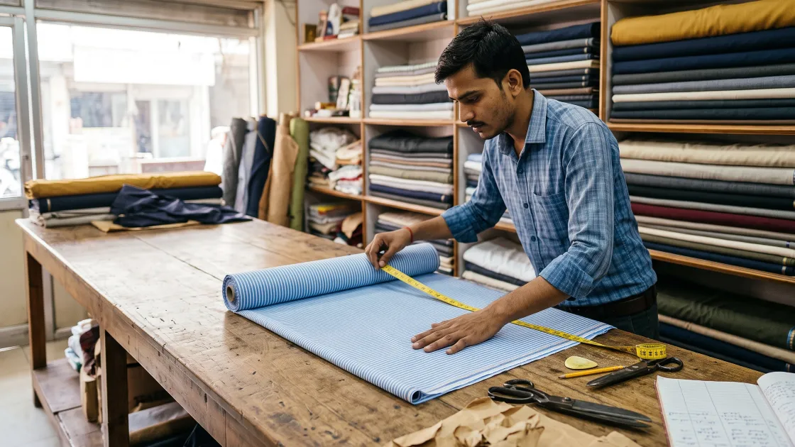 A young tailor in his twenties unrolling a bolt of fabric across a long cutting table and measuring off a length with a tape, with folded bolts stacked on shelves behind him.