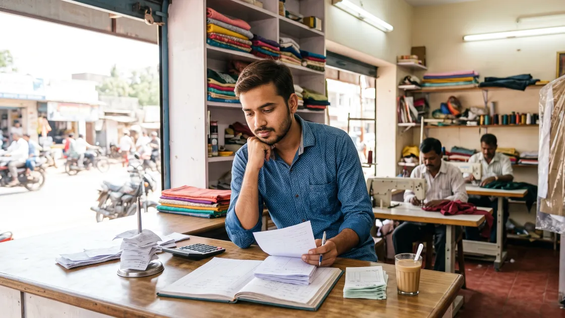 A young tailoring shop owner in his twenties standing at his counter going through a stack of bill copies, with a receipt spike, a calculator and an open account book in front of him and two karigars working at sewing machines behind.