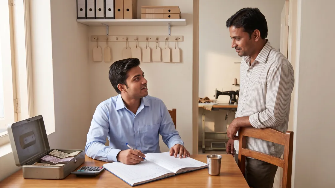 A young tailoring shop owner in his twenties sitting at a desk with an open wage register, a cash box and a calculator, talking with a karigar who stands beside the desk, with the workroom visible through a doorway behind them.