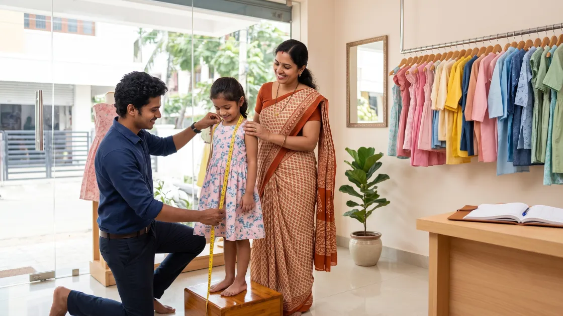 A young tailor in his twenties kneeling to measure a small girl who is standing on a low wooden step, her mother beside her in a saree, with rails of childrens frocks and a measurement register on the counter in a bright clean boutique.