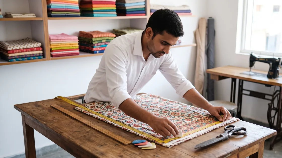 A young tailoring shop owner in his twenties measuring a length of soft printed cotton laid flat on a large cutting table with a measuring tape and chalk, in a clean well-lit shop with folded fabric stacked neatly on a shelf behind him.