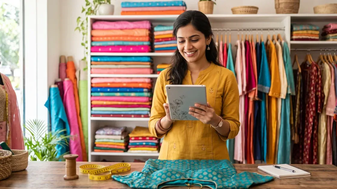A young boutique owner in her twenties holding a tablet at her counter, with a blue blouse piece and a measuring tape in front of her