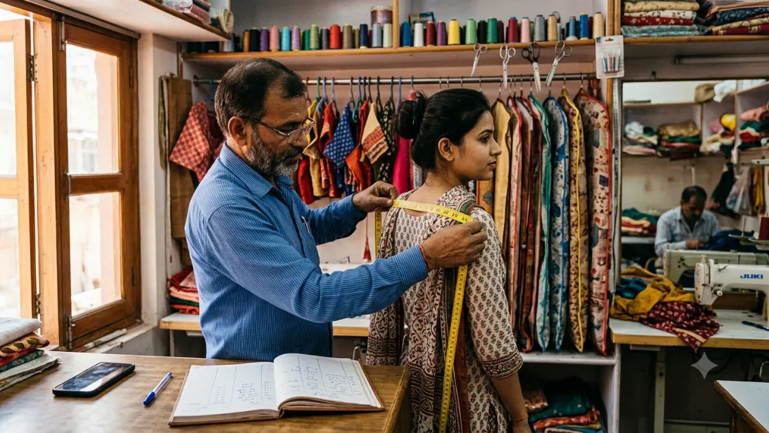 A tailor at his shop counter measuring a customer across the shoulder with a yellow cloth tape, an open measurement register on the counter in front of him.