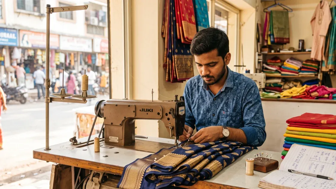 A young tailor in his twenties at his machine pinning the fall to the inside hem of a saree, with a stack of folded sarees and a notebook beside him in a bright shop