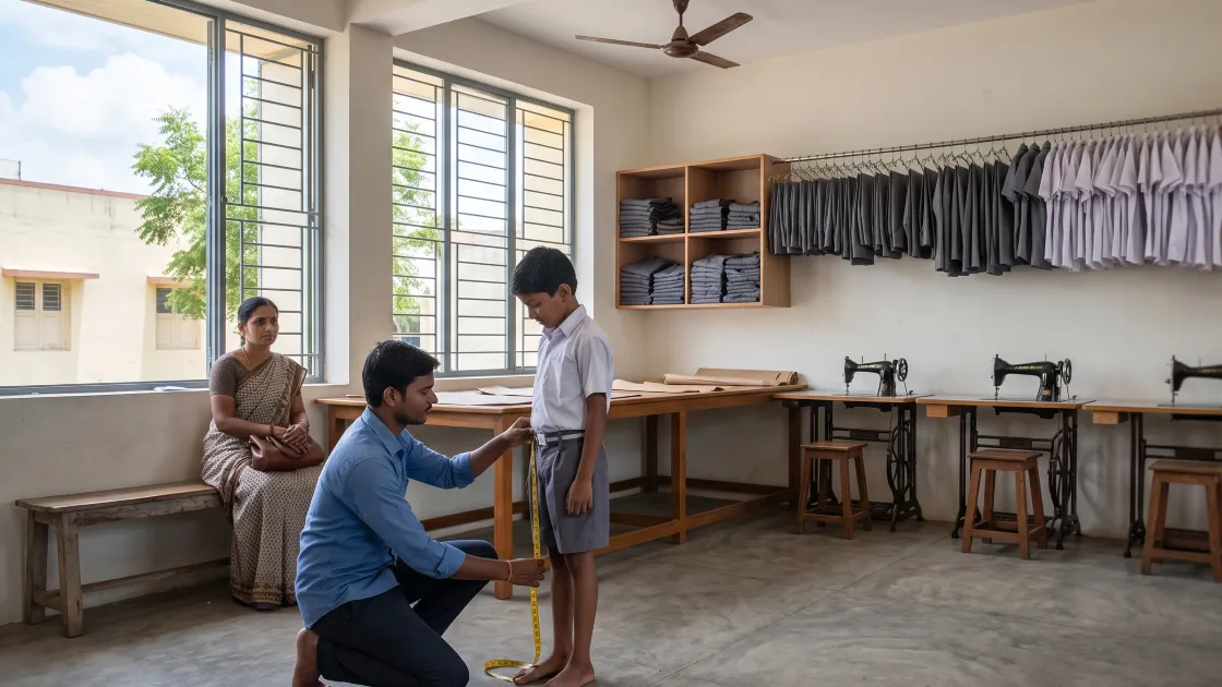 A young tailor in his twenties kneeling to measure the trouser length of a school boy with a yellow tape, the mother waiting on a bench behind them, and finished uniforms and a row of sewing machines along the wall of the unit.