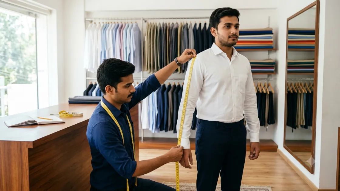 A young tailor in his late twenties measuring a male customer across the shoulders with a measuring tape, while a measurement book and a pencil lie open on the shop counter beside them.