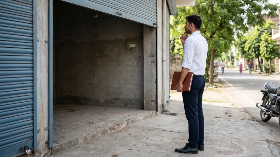 A young tailoring shop owner in his twenties standing on the pavement outside a small empty shop unit with the shutter half up, looking in thoughtfully with a folder under his arm, on a clean Indian small-town street in daylight.