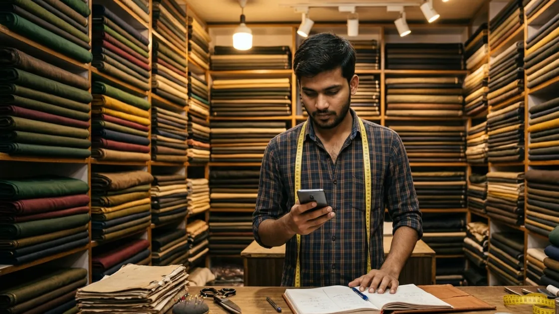 A young tailor in his twenties checking a tailoring app on his phone, standing between floor-to-ceiling shelves of folded fabric with an open order book on the counter.