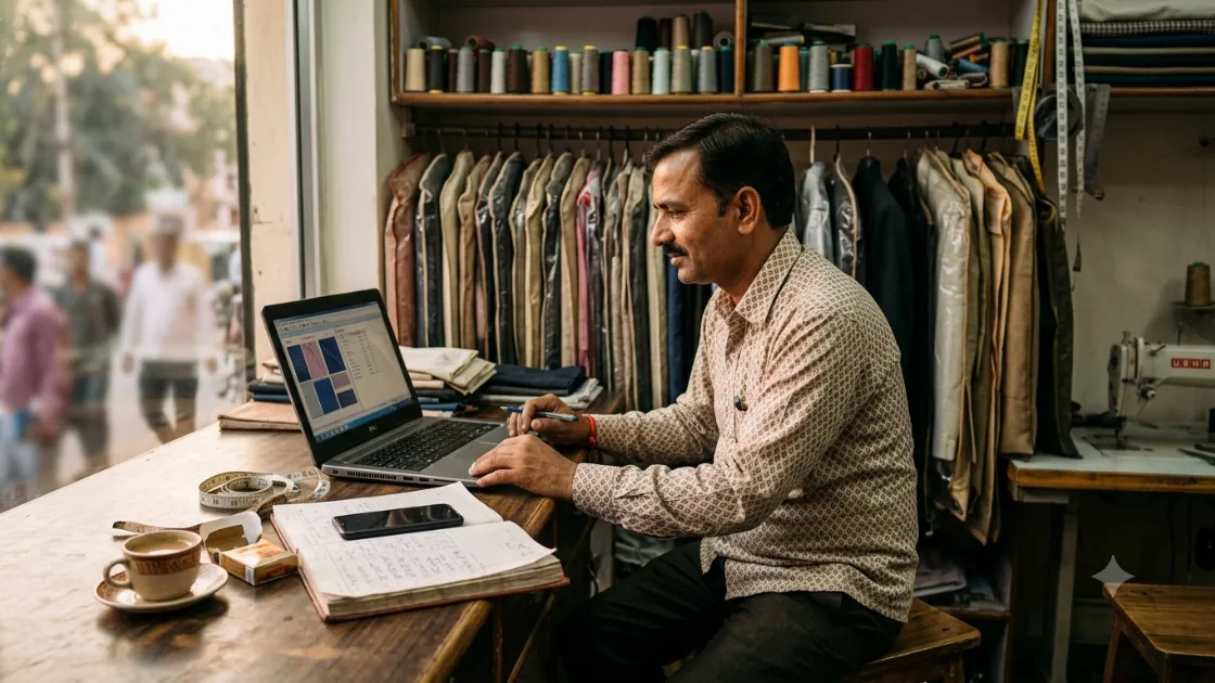 A tailor at his shop counter looking at software on a laptop, with his handwritten order book, phone, measuring tape and a cup of tea on the counter beside him.