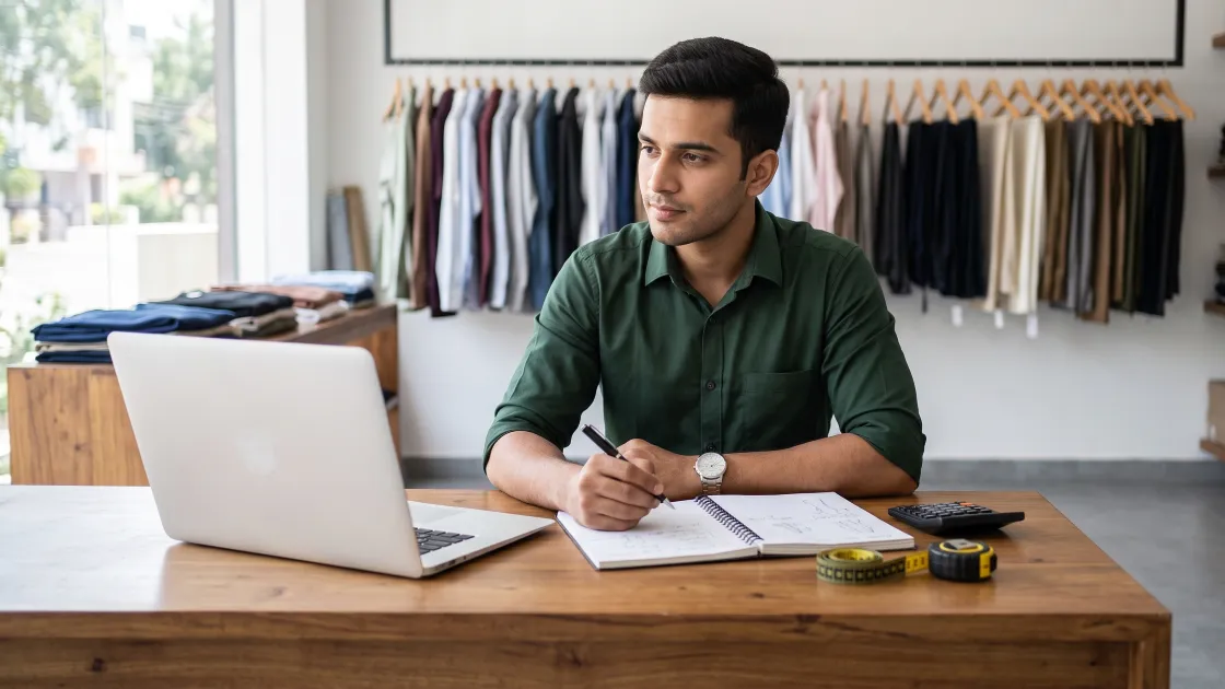 A young tailoring shop owner in his twenties sitting at his shop counter with an open laptop and a notebook, comparing options, with a rack of garments and a sewing machine behind him in a clean well-lit shop.