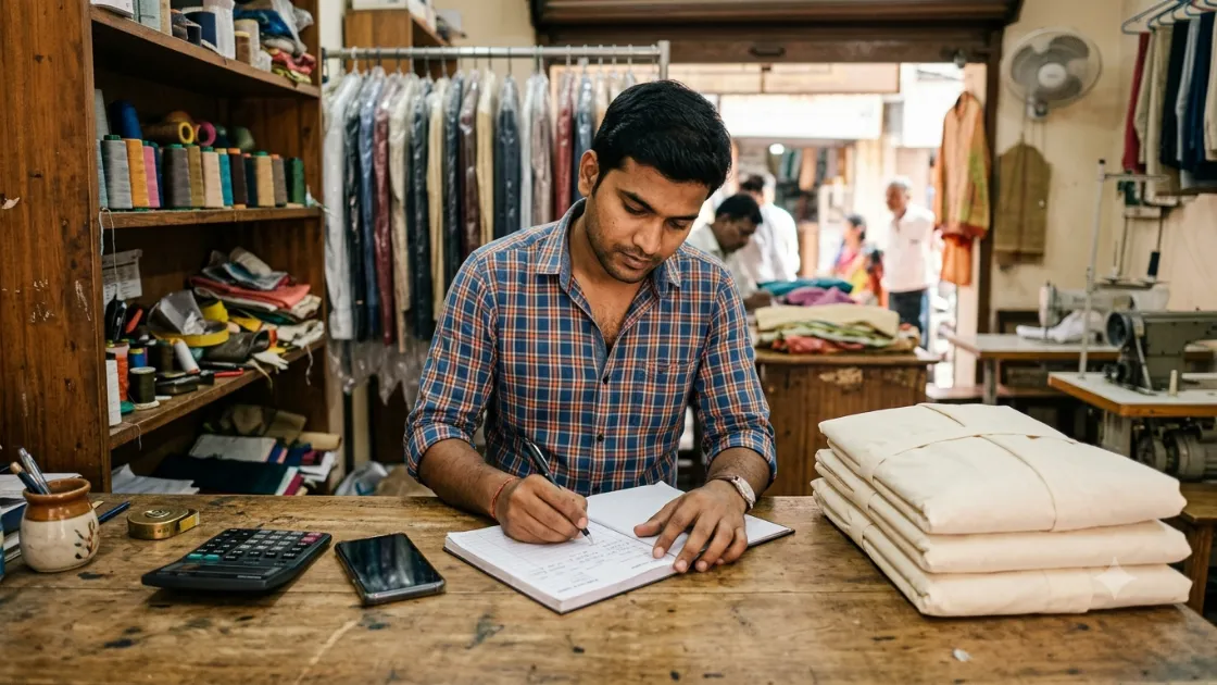 A young tailor writing a customer bill in a receipt book at his shop counter, with a calculator, a phone and a stack of wrapped finished garments on the counter beside him.