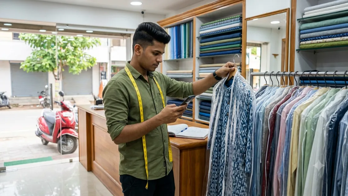 A young tailor in a bright Indian tailoring shop checking a finished shirt on the rack against an order on his phone, with a measuring tape around his neck