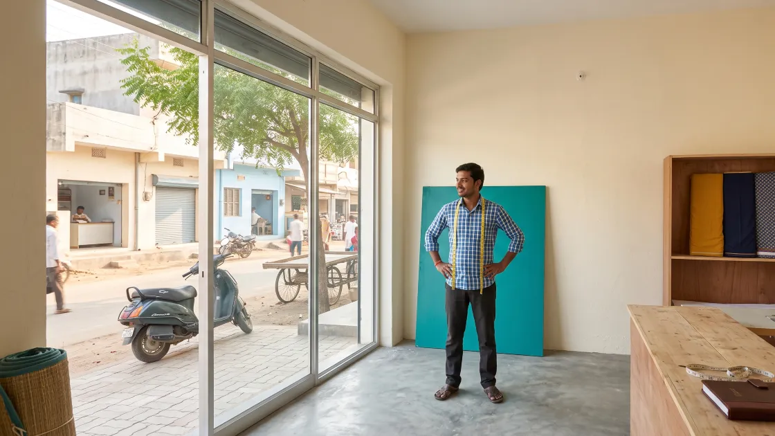 A young tailor in his twenties standing with his hands on his hips in his newly fitted tailoring shop before it opens, a large blank signboard leaning against the wall behind him and an Indian street visible through the glass shopfront.