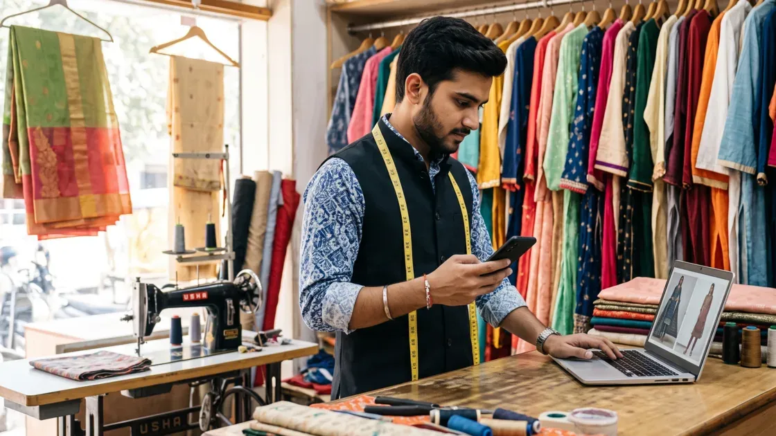 A young tailor in his twenties sitting at his shop counter comparing two tailoring apps on his phone and a tablet, with an order book, a measuring tape and folded cloth beside him.