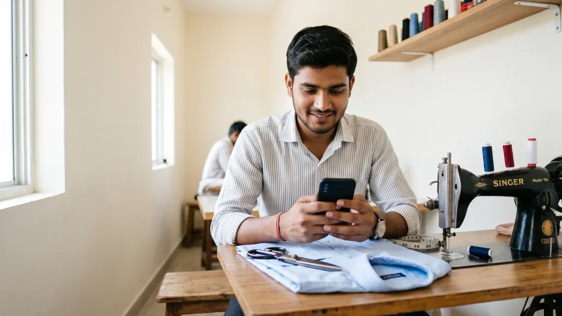 A young tailor in his twenties sitting at a clean work table beside his sewing machine, looking at a smartphone, with a folded blue shirt and scissors beside him