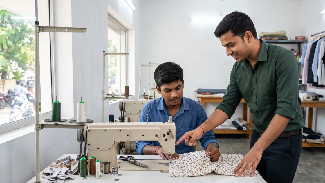 A young tailoring shop owner in his twenties standing beside a seated younger helper at a sewing machine, one hand resting on the table, showing him how to guide the cloth, both concentrating, in a clean well-lit shop.