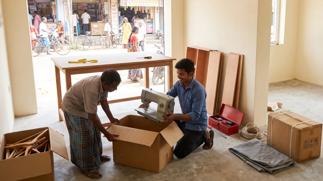 A young tailor in his twenties kneeling to lift a new sewing machine out of its carton while an older helper steadies the box, in an empty shop still being set up with shelf panels leaning against the wall, a toolbox and a coil of wire on the bare floor.