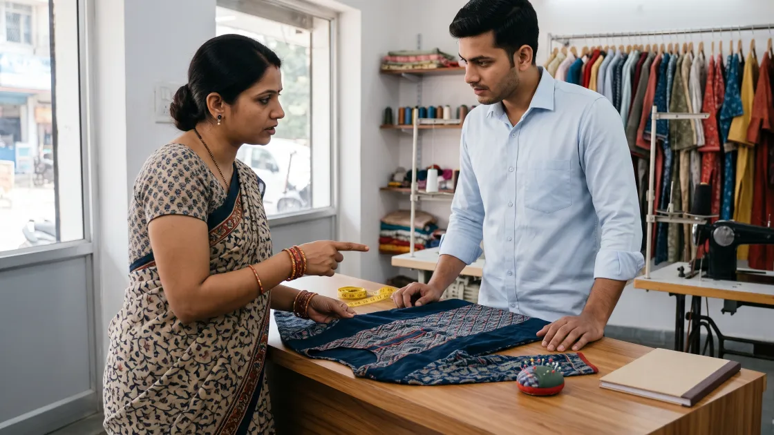 A young tailoring shop owner in his twenties standing at his counter listening carefully to a woman customer who is showing him a garment laid on the counter between them, his expression calm and attentive, in a clean well-lit shop.