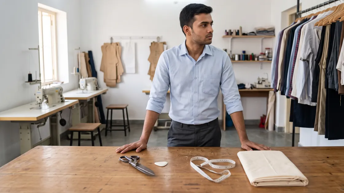 A young tailoring shop owner in his twenties standing alone at a large empty cutting table with shears and a chalk marker on it, looking at a rack of unfinished garments, in a clean well-lit shop with two idle sewing machines behind him.