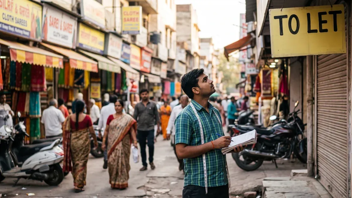 A young tailor in his twenties standing on a busy Indian market street looking up at an empty shop unit with a To Let board, holding a notebook
