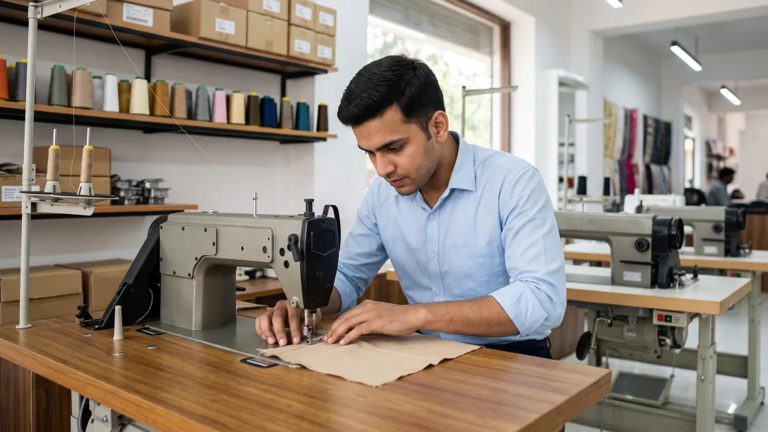 A young tailoring shop owner in his twenties leaning over a sewing machine on a dealer counter, running a scrap of cloth through it and watching the stitch line, with two more machines standing beside it in a clean well-lit showroom.